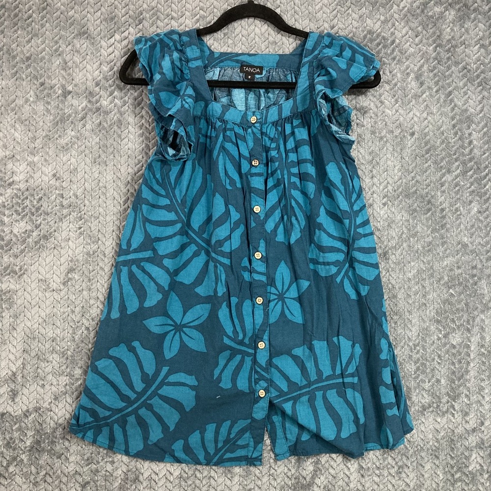 Tanoa Girls 12 Blue Polynesian Floral Leaf Dress Button Island Tropical Aloha
